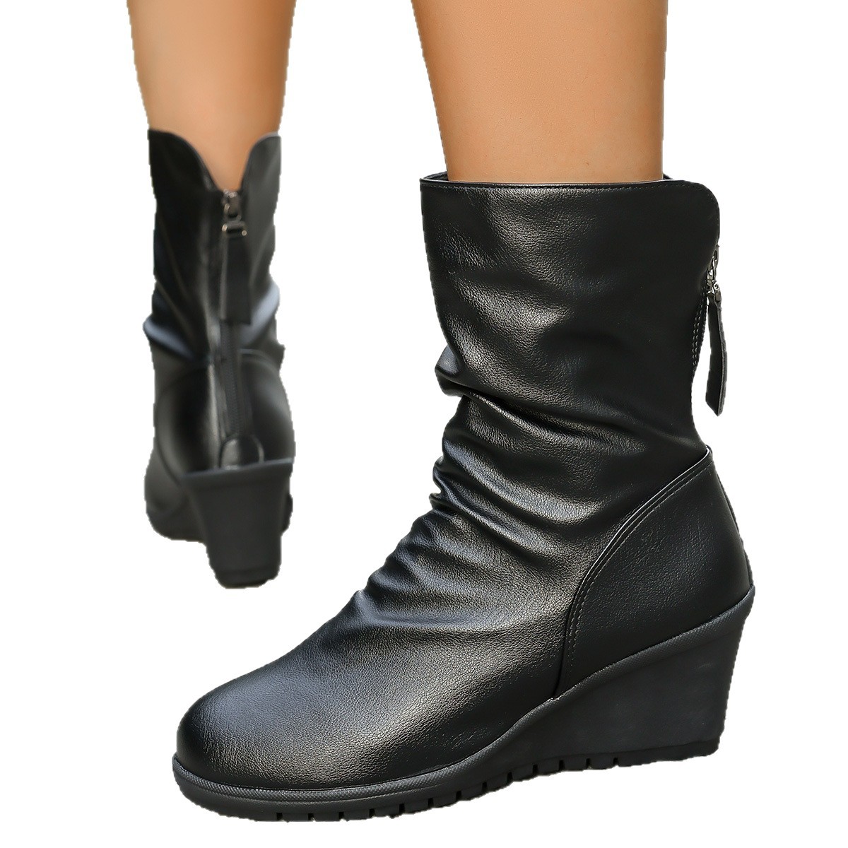 Retro Wedge Heel Fur-lined Pleated Pointed Back Zipper Ankle Boots foto 3
