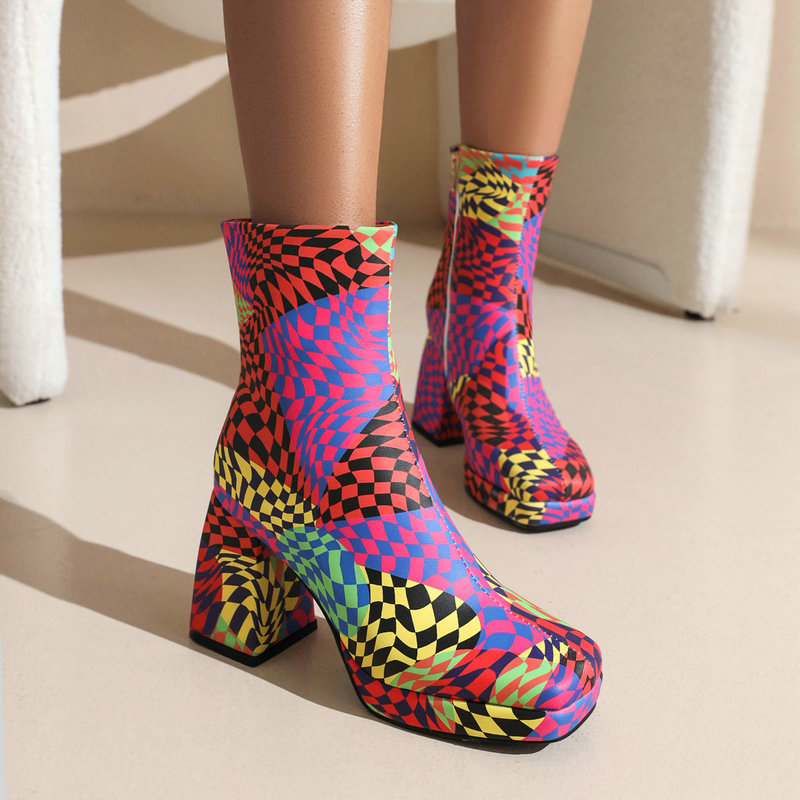 Square Toe Short Tube Women's Boots Printed Fabric foto 3