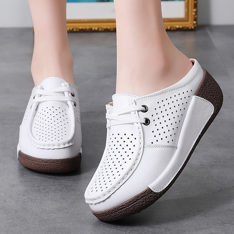 New Plus Size Hollow-out Soft Bottom Wedge Women's Genuine Leather Platform Slippers Summer Outerwear foto 4
