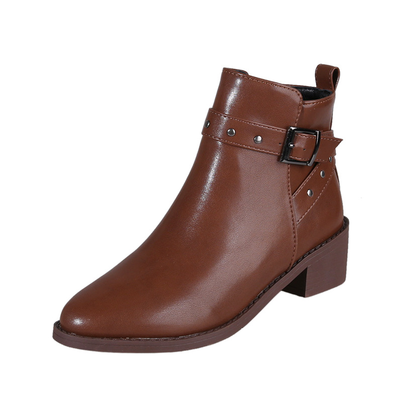 Retro Chunky Heel Studded Buckle Pointed Toe Martin Boots foto 4