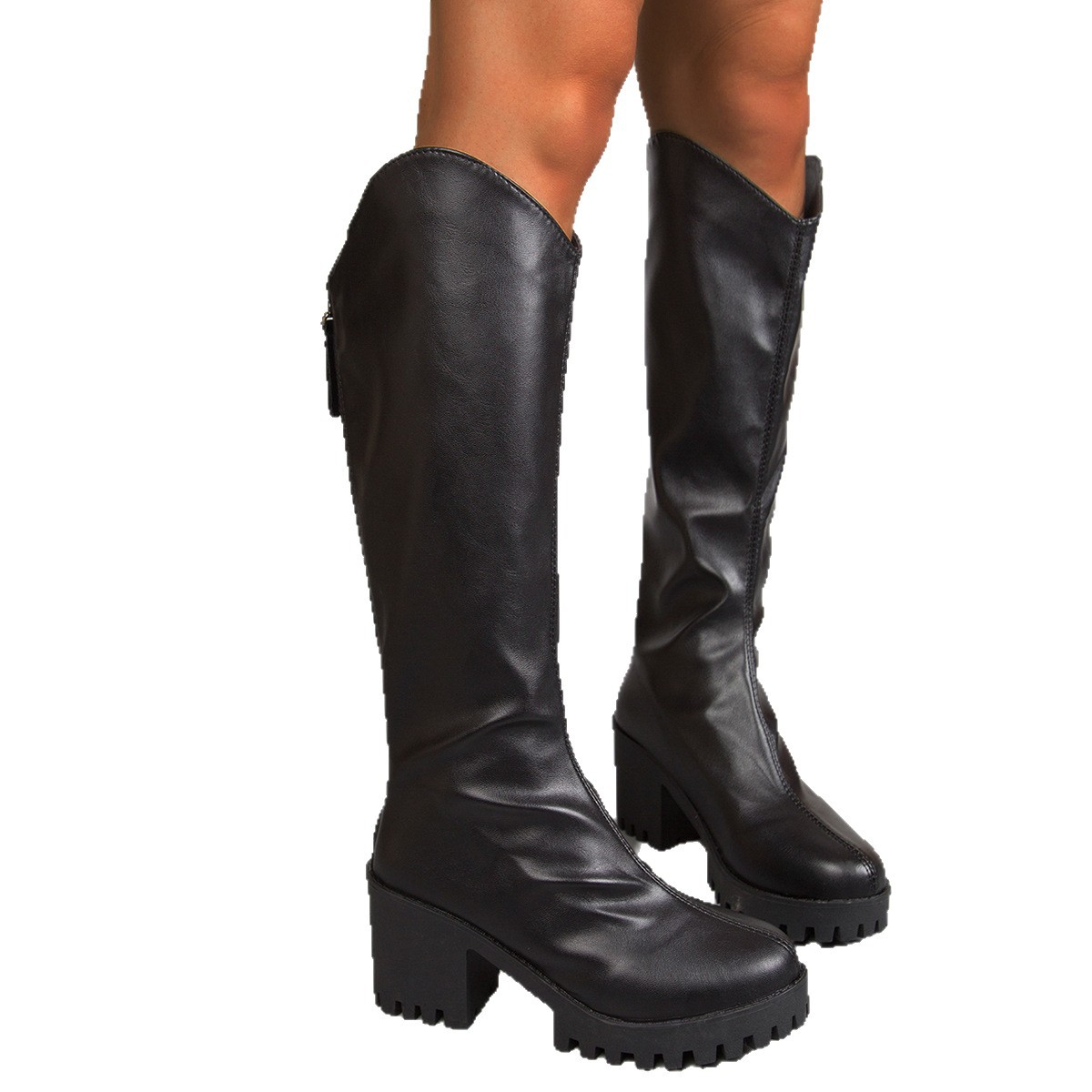 Thick High-heel Knee-high Boots V-neck Black Boots foto 5