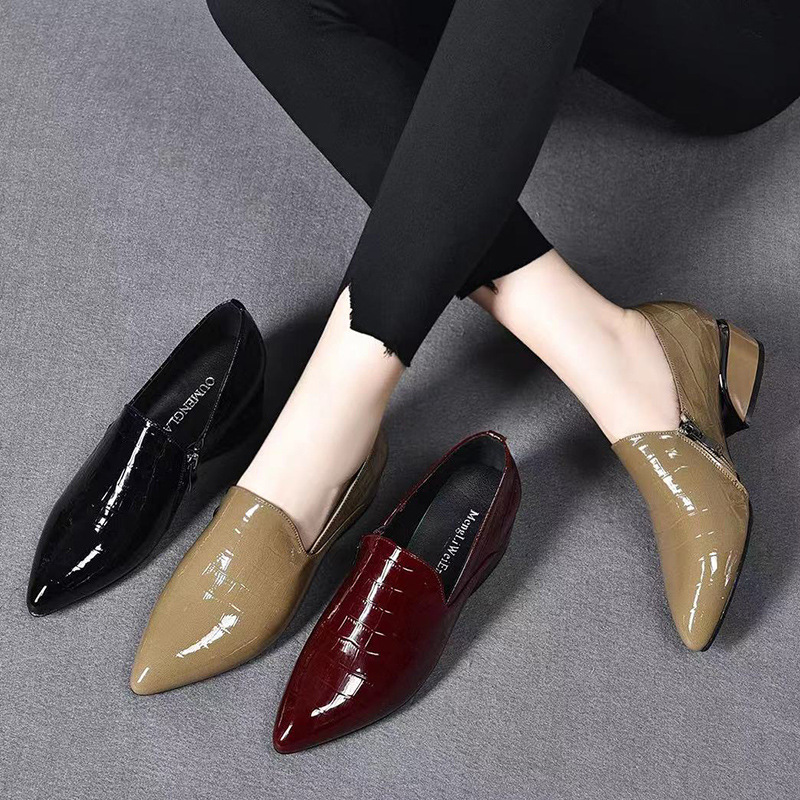 New Genuine Leather Pointed-toe Chunky Heel Shoes Women foto 2