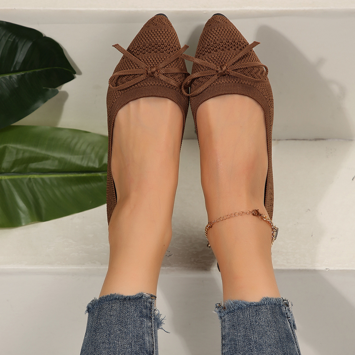 Bow Knitted Loafers Ins Fashion Pointed-toed Flats Shoes For Women foto 5