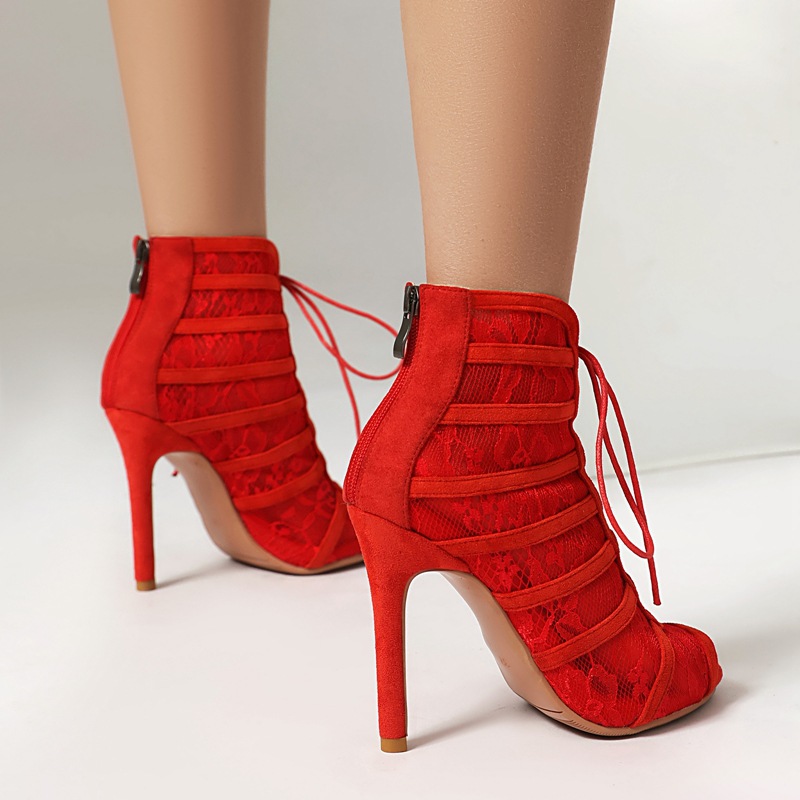 Womens Solid-color Lace Mesh Peep-toe High Heels