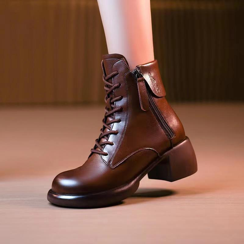 Womens Autumn Chunky-Soled Fashionable All-Match Vintage Leather Boots foto 3