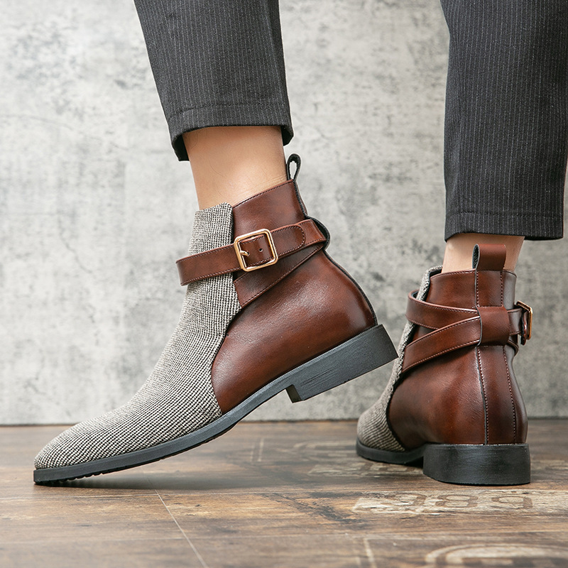 Men's High Top Working Wear Retro Platform British Style Color Block Biker Short Boots foto 2