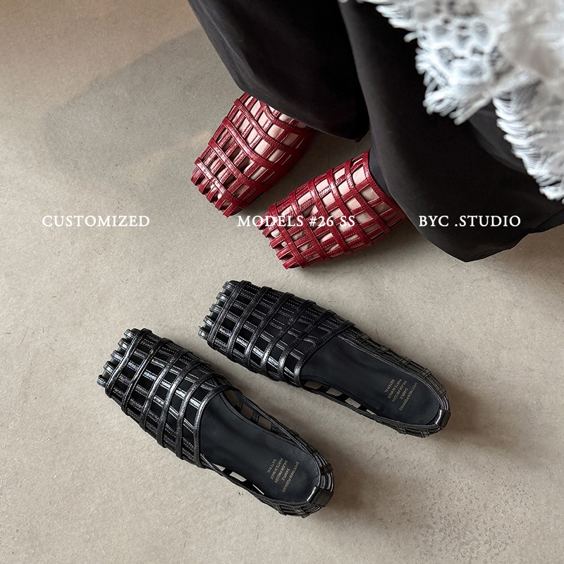 Women's Handmade Full-Grain Leather Woven Caged Flat Sandals, Square Toe Sheepskin Lined Retro Shoes foto 4