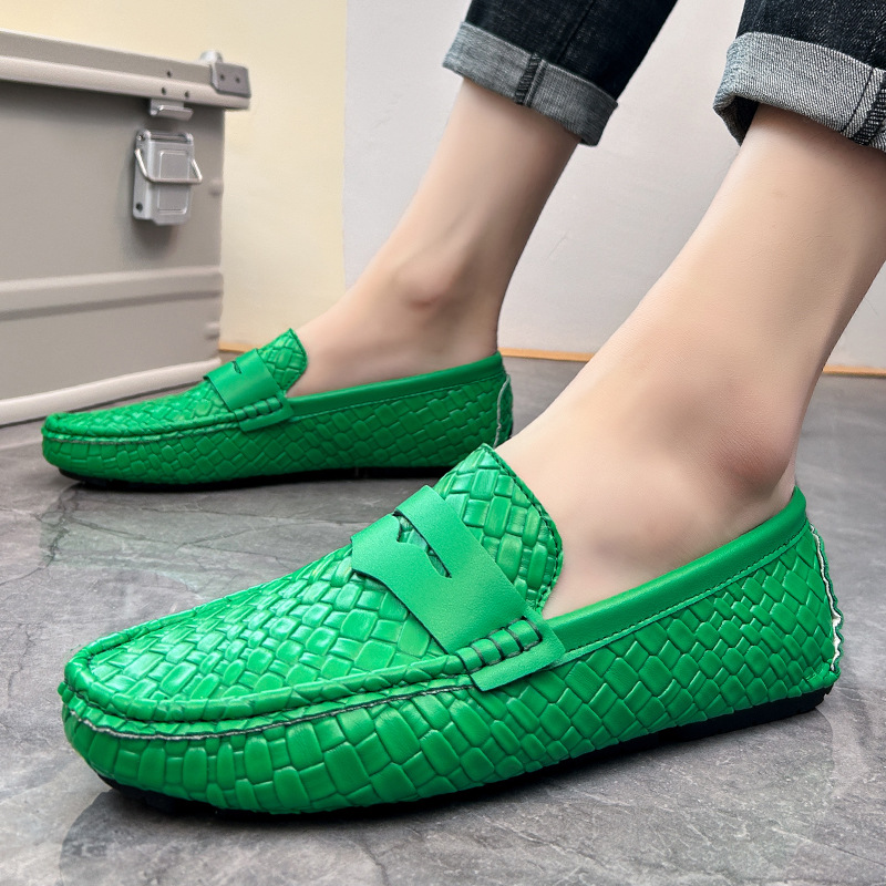 Mens Woven-pattern Leather Shoes Slip-on Loafers