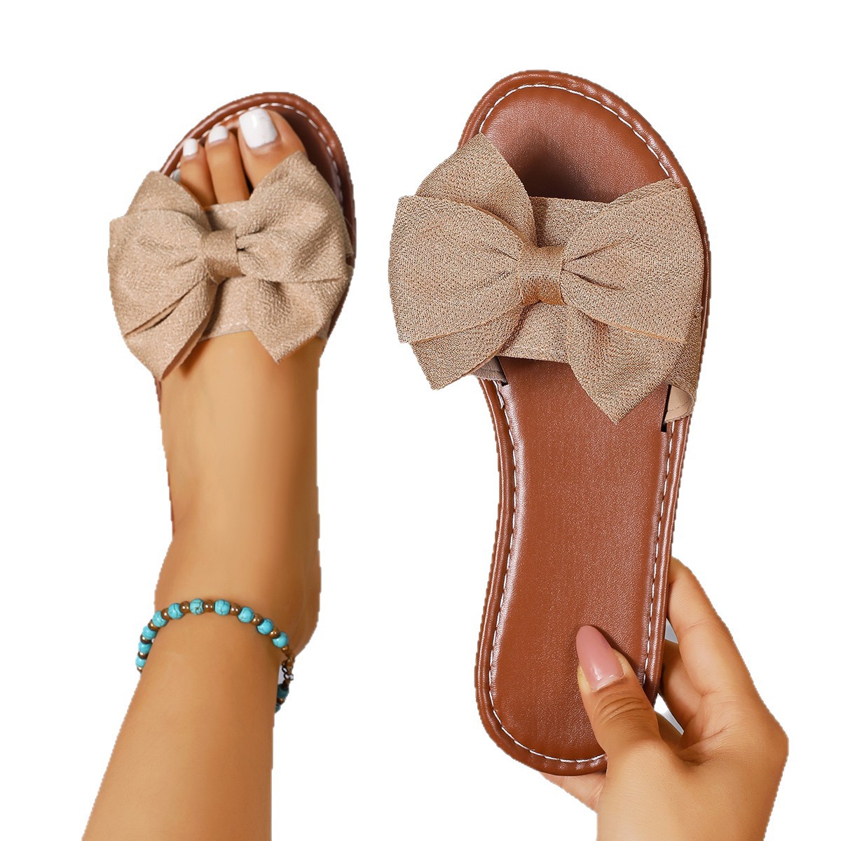 Flat Round-toe Slide With A Bow Detail Casual Flat-heeled Fabric Sandals For Outdoor Wear foto 4