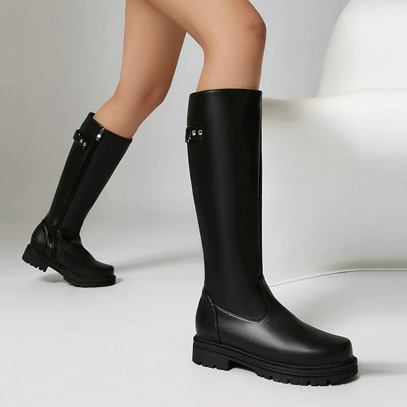 Womens Retro British-Style Leather Belt-Buckle Riding Boots foto 5