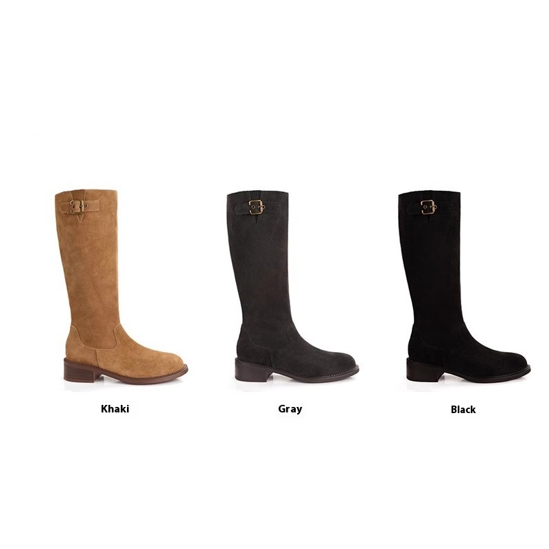 Cowhide Maillard Round Head Buckled Chunky Heel Below The Knee Boots foto 4