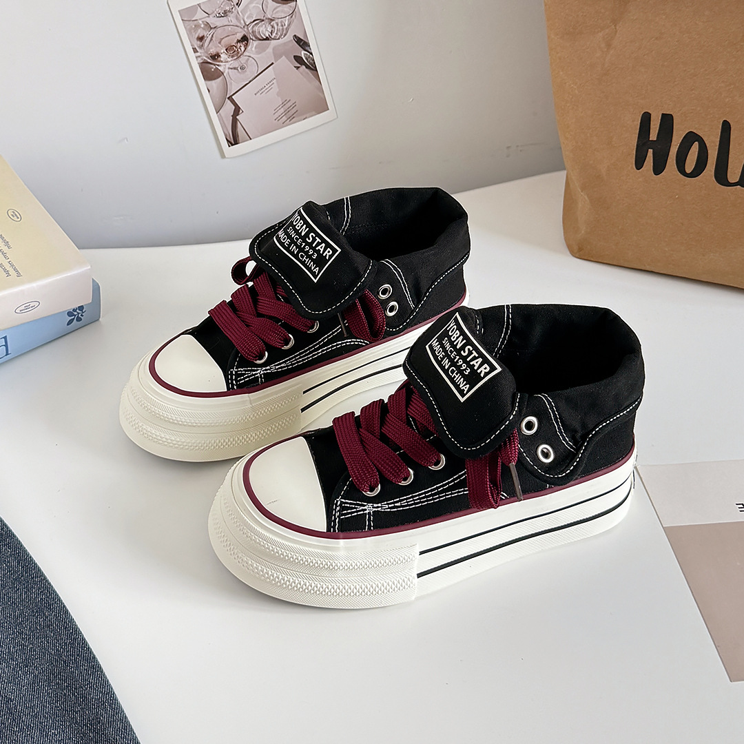 Womens Thick-Soled High-Top Canvas Shoes Black All-Match Sports Casual Sneakers With Height-Boosting Sole foto 2