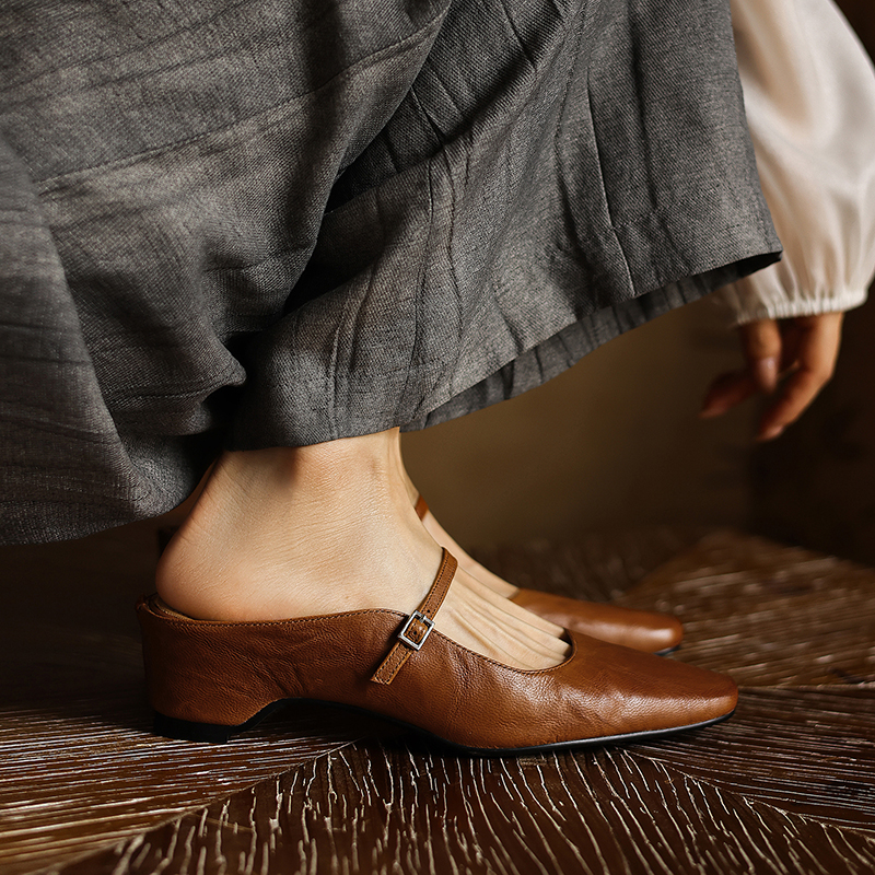 Women's Handmade Genuine Sheepskin Mary Jane Mules, Square-Toe Low Block Heel Slides