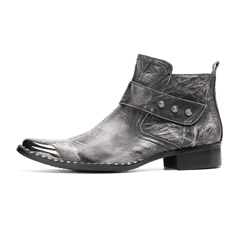 Chunky Heel Cowhide Gray Lace-up Motorcycle Boots Hairstylist Leather Boots