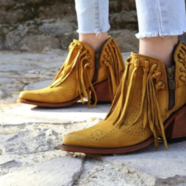 Fashionable Tasseled Pointed-Toe Chunky-Heel Plus-Size Womens Ankle Boots foto 2