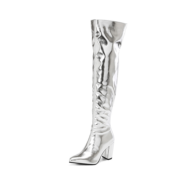 Shiny Gold Patent Leather Chunky-heeled Over-the-knee Boots foto 2
