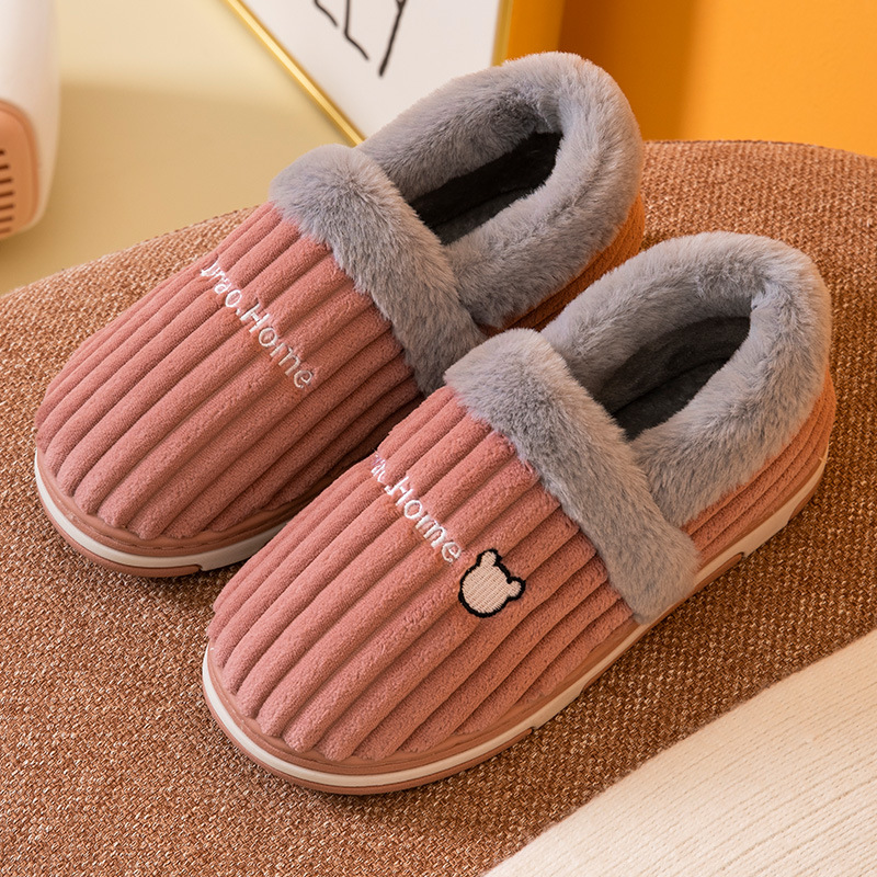 Corduroy Striped Faux Rabbit-Fur Slippers For Couples foto 5