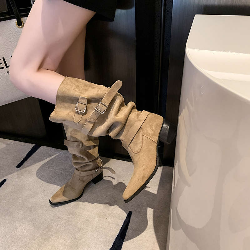 Womens Suede Pointed Toe Chunky Heel Ankle Boots foto 2