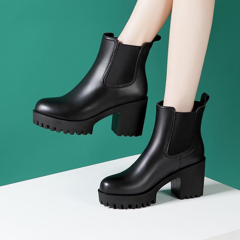 Women's Solid Color Genuine Leather High-heel Thick-heel Platform Mid-calf Boots foto 5