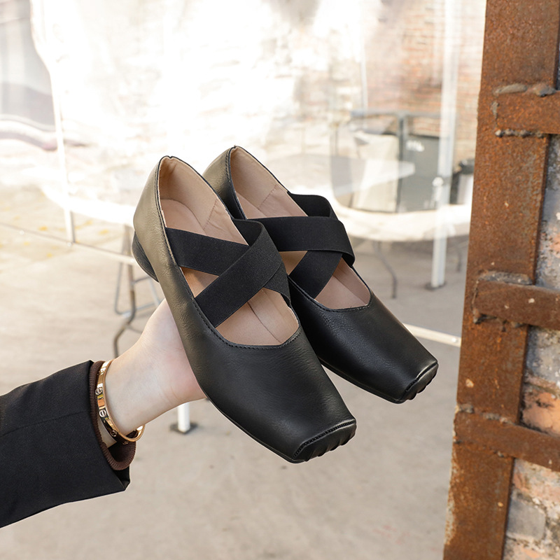 Cross-Strap Ruched Square-Toe Retro Chunky-Heel Ballet Flats foto 4