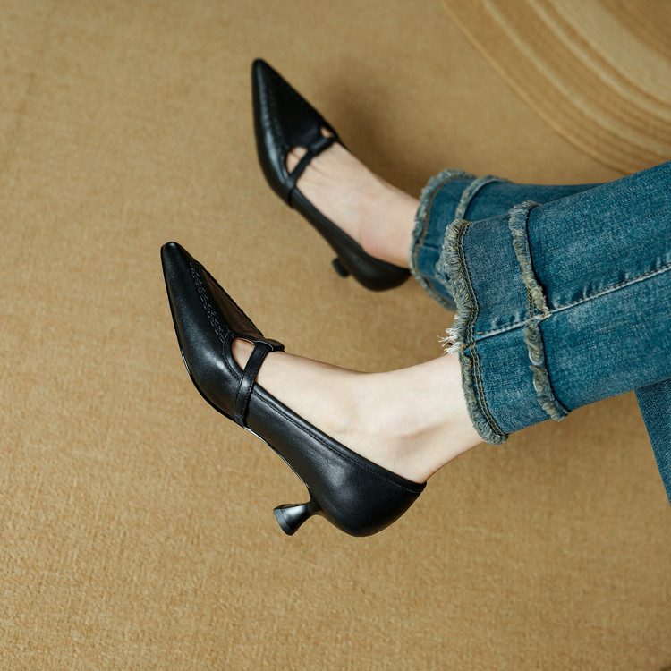 First-layer Cowhide Cloud-step Comfort Retro Pointed-toe Chunky-heel Mary Jane Shoes foto 2