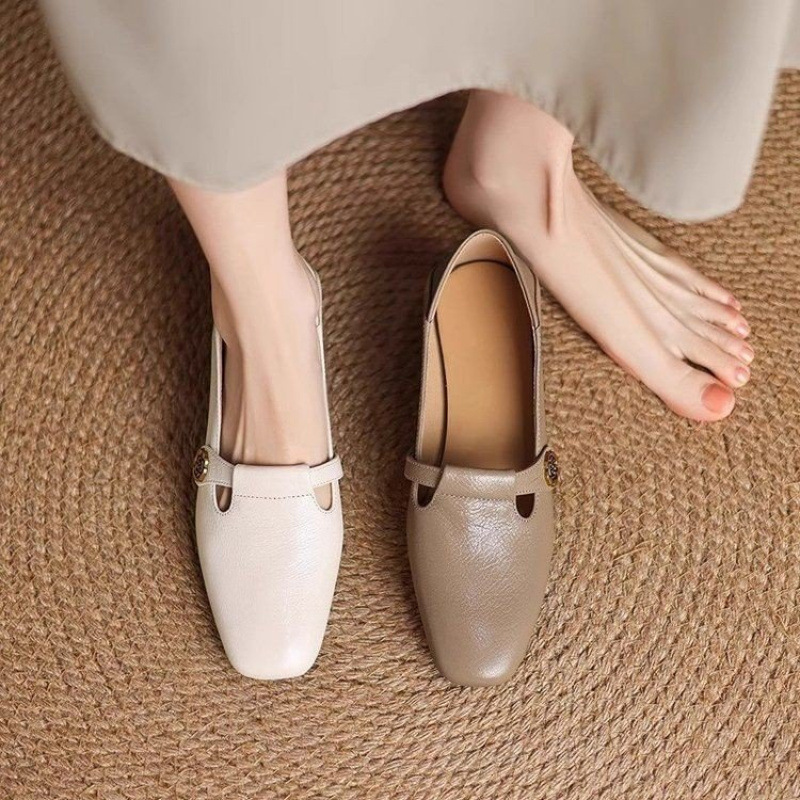 Retro Square Head Genuine Leather Shallow Mouth Shoes Women foto 3