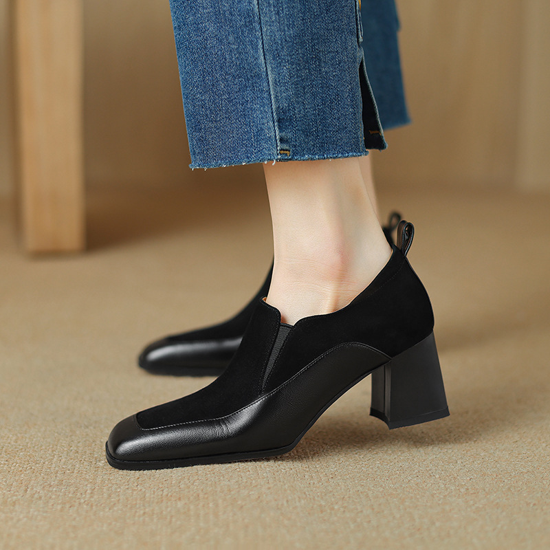 Womens Retro Black Square-Toe High Heels foto 3