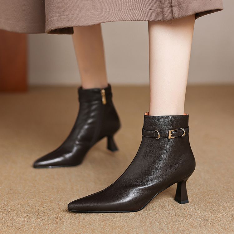 All-leather Fashion Boots Top-layer Sheepskin Stiletto Heel Pointed Toe Side Belt Buckle Chic Retro High Heels foto 2