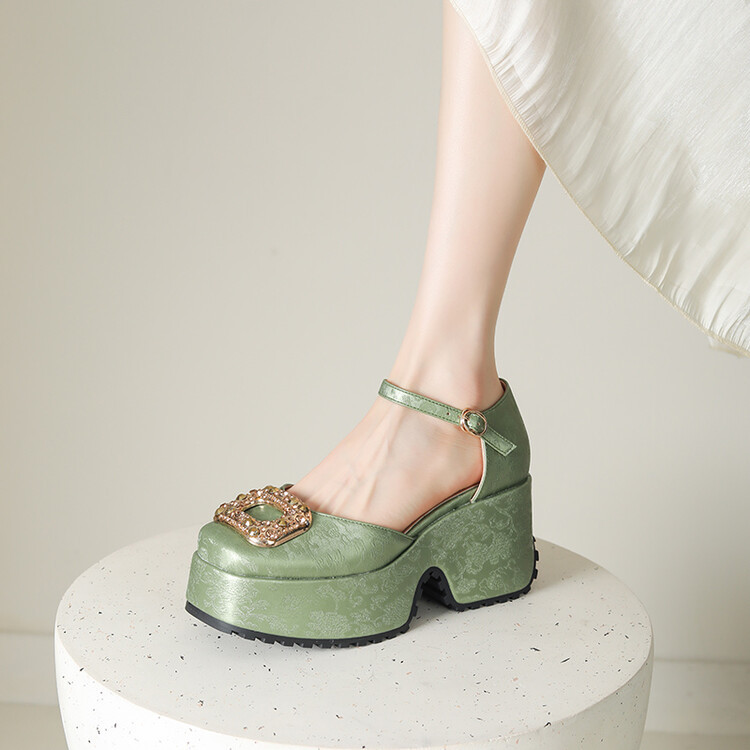 New Chinese Style Jacquard Square Toe Chunky Heel Womens Shoes foto 4