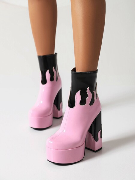 Womens Patent Leather Colorblock Ankle Boots foto 3