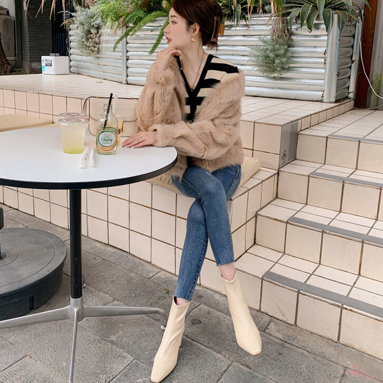 Womens Off-white Elastic High-heeled Boots With A Small Square Toe foto 4