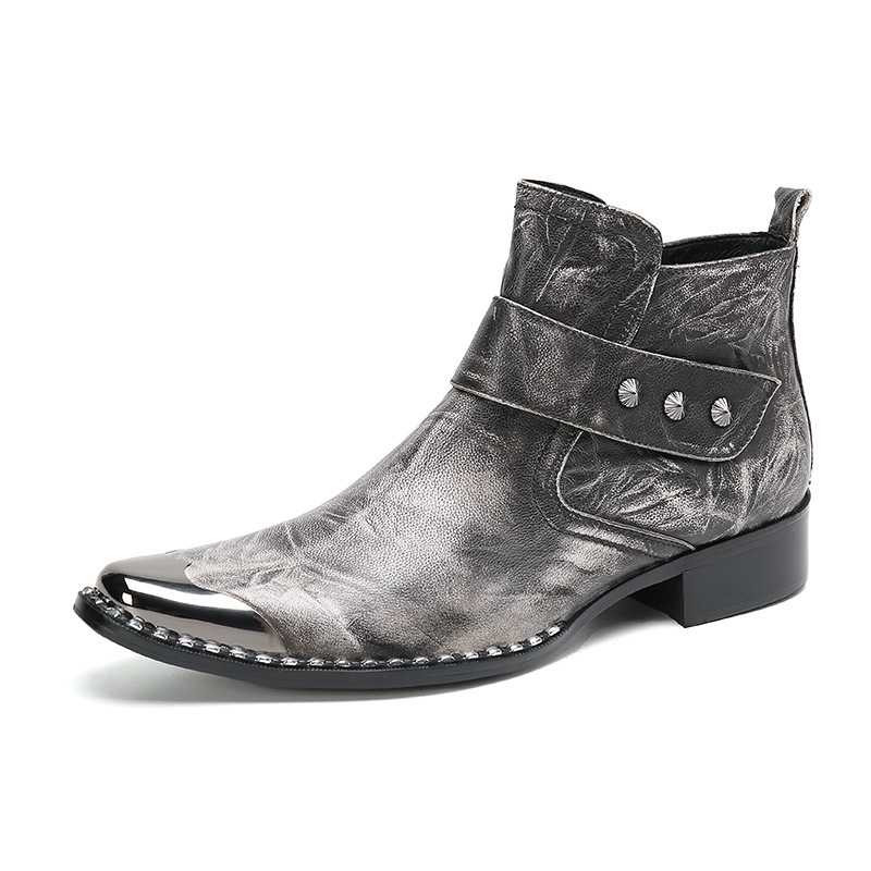 Chunky Heel Cowhide Gray Lace-up Motorcycle Boots Hairstylist Leather Boots foto 4