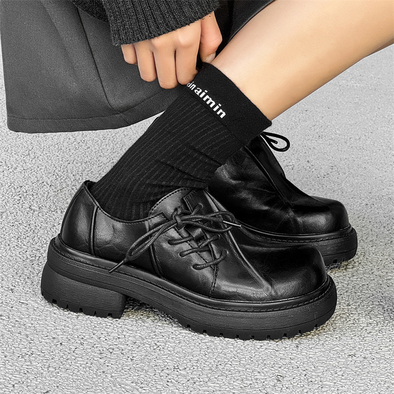 Inner Height Increasing Black Platform Warped Head Leather Shoes foto 5