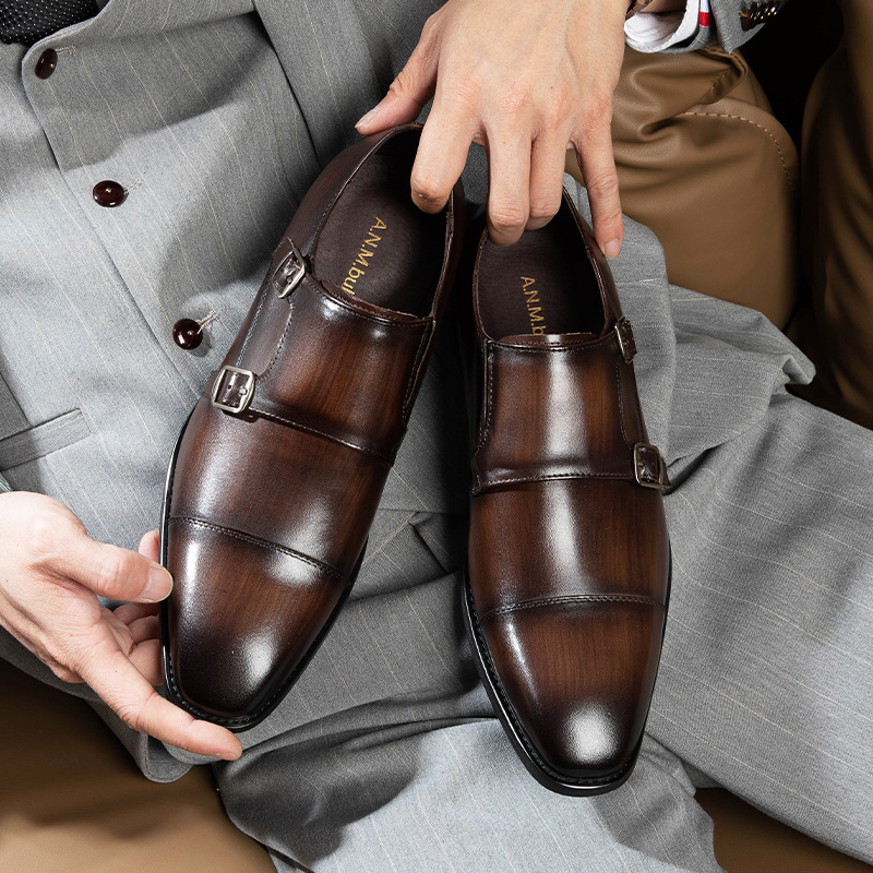 Double Buckle Design First Layer Cowhide Men's Business Leather Shoes foto 4
