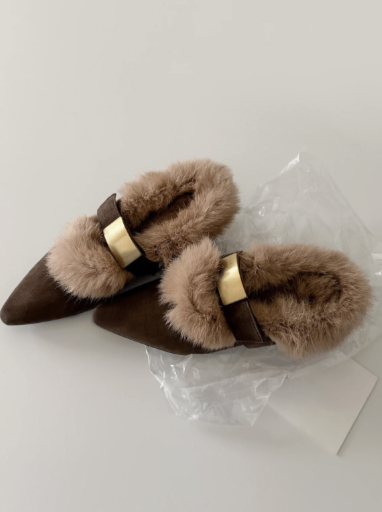 Retro Leather Slingback Plush Shoes Casual Outdoor Flat Furry Shoes foto 5