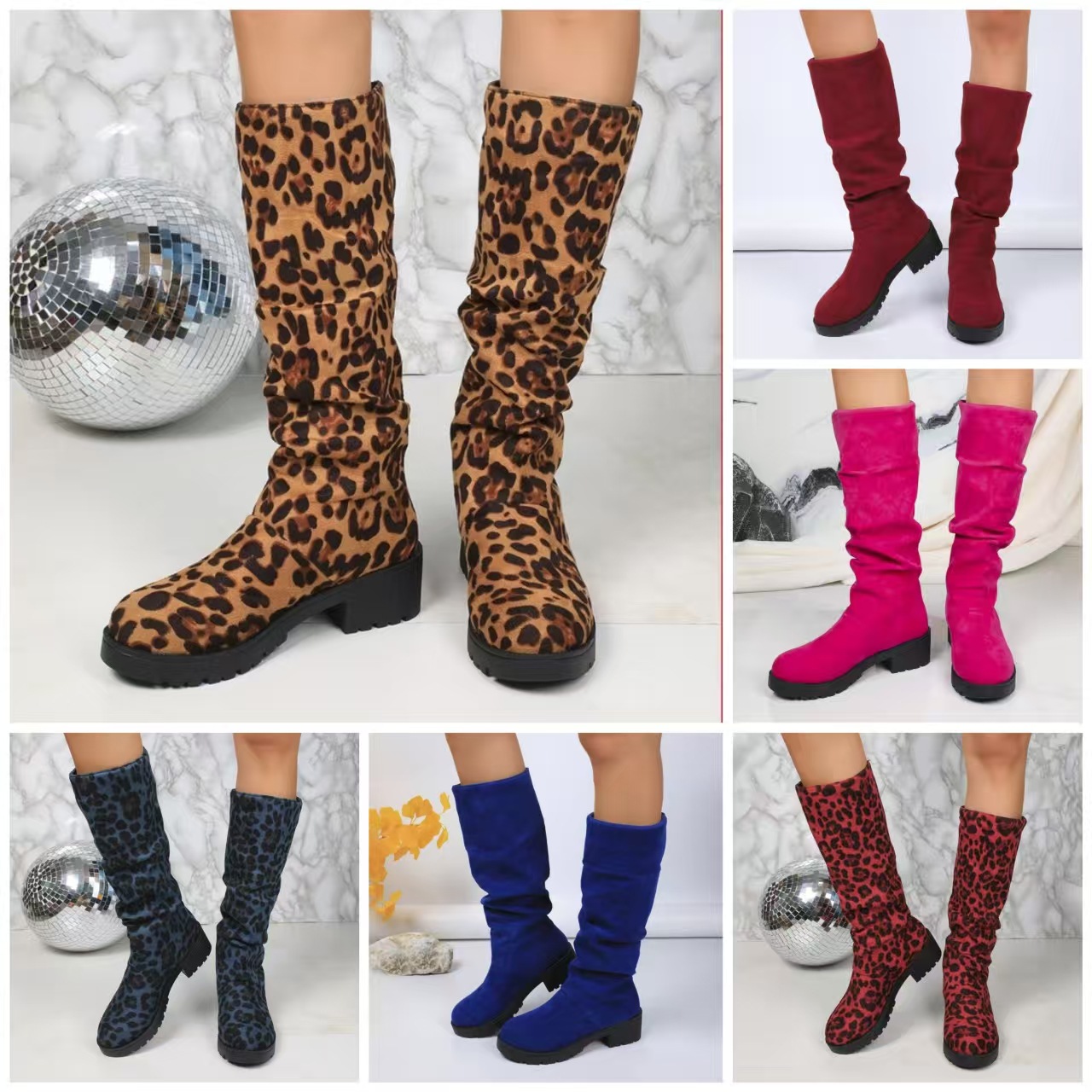 Leopard-print Suede Block-heeled Versatile Pleated Booties foto 4