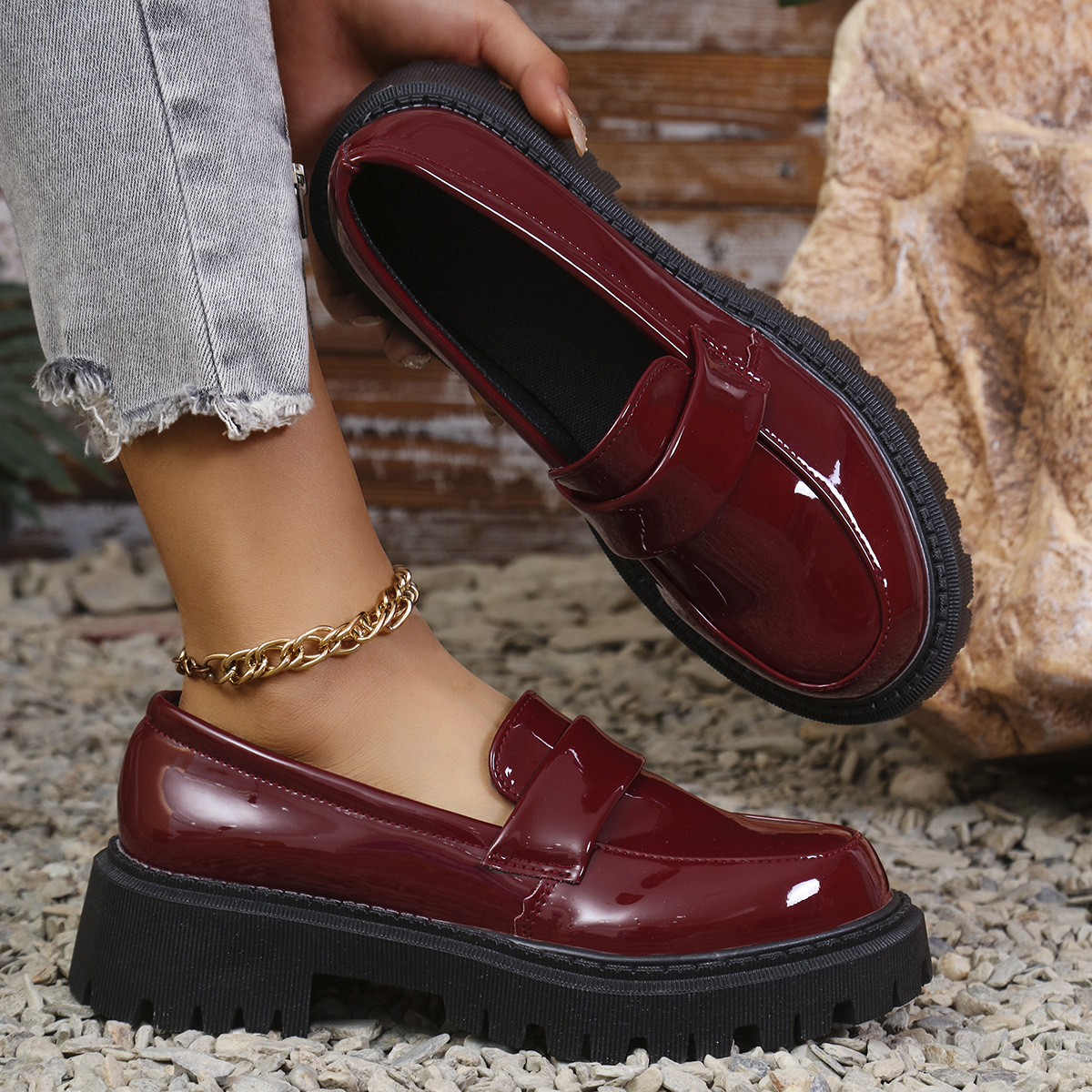 Plus Size British Style Slip-on Thick Bottom Chunky Heel Stylish Loafers foto 2