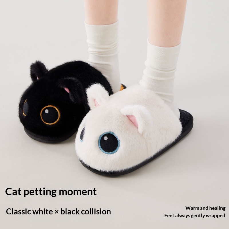 Little Black Cat Floor Cotton Slippers Fleece Lining For Extra Warmth foto 4
