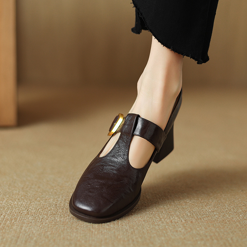 Mary Jane Leather Shoes Retro Square-toe Pumps foto 3