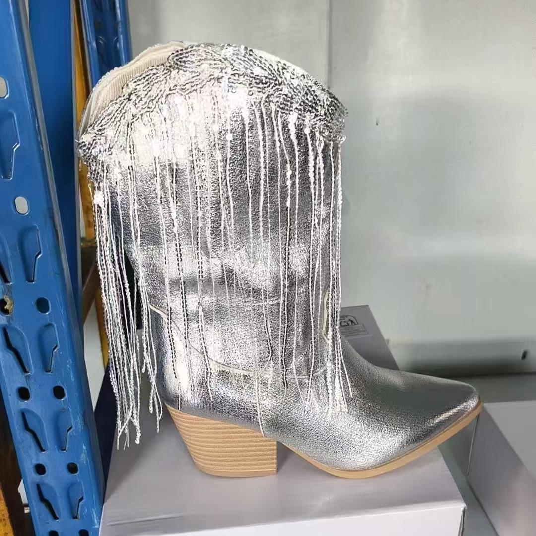 European And American Fashion Middle Fashion Boots Female Retro Chunky Heel Pleated Western Knight foto 3