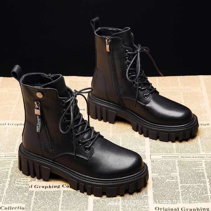 Womens Black Chunky-Soled Ankle Boots With Side Zipper foto 3