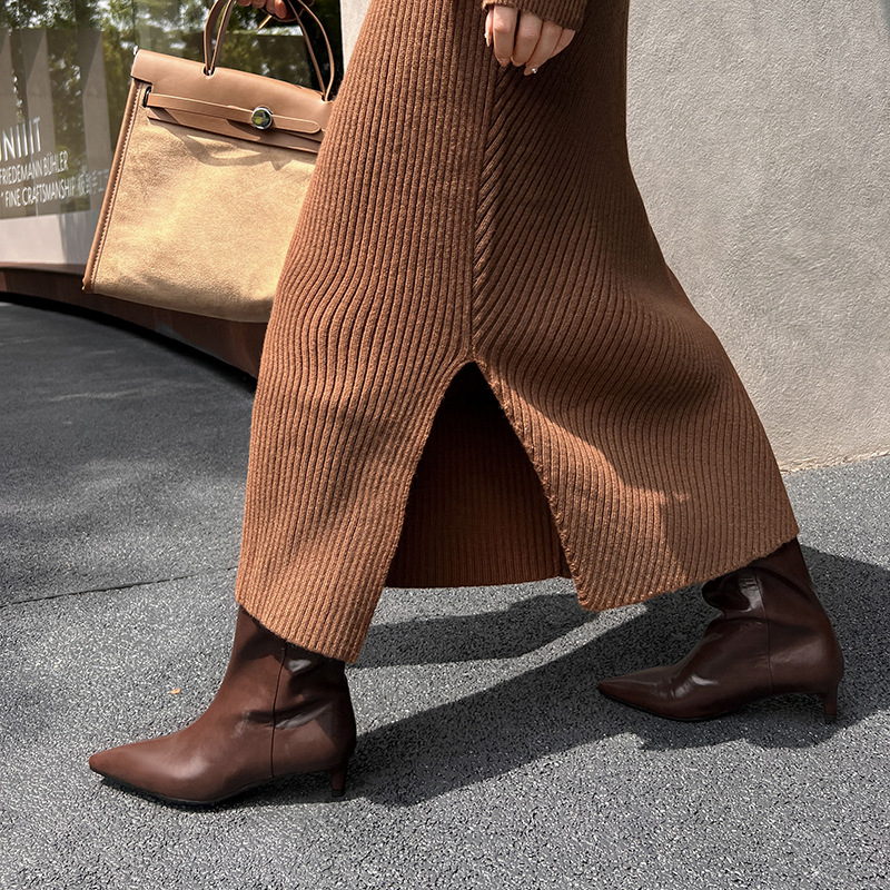Elastic Commuter Pointed High Heel Brown Knight Boots foto 4