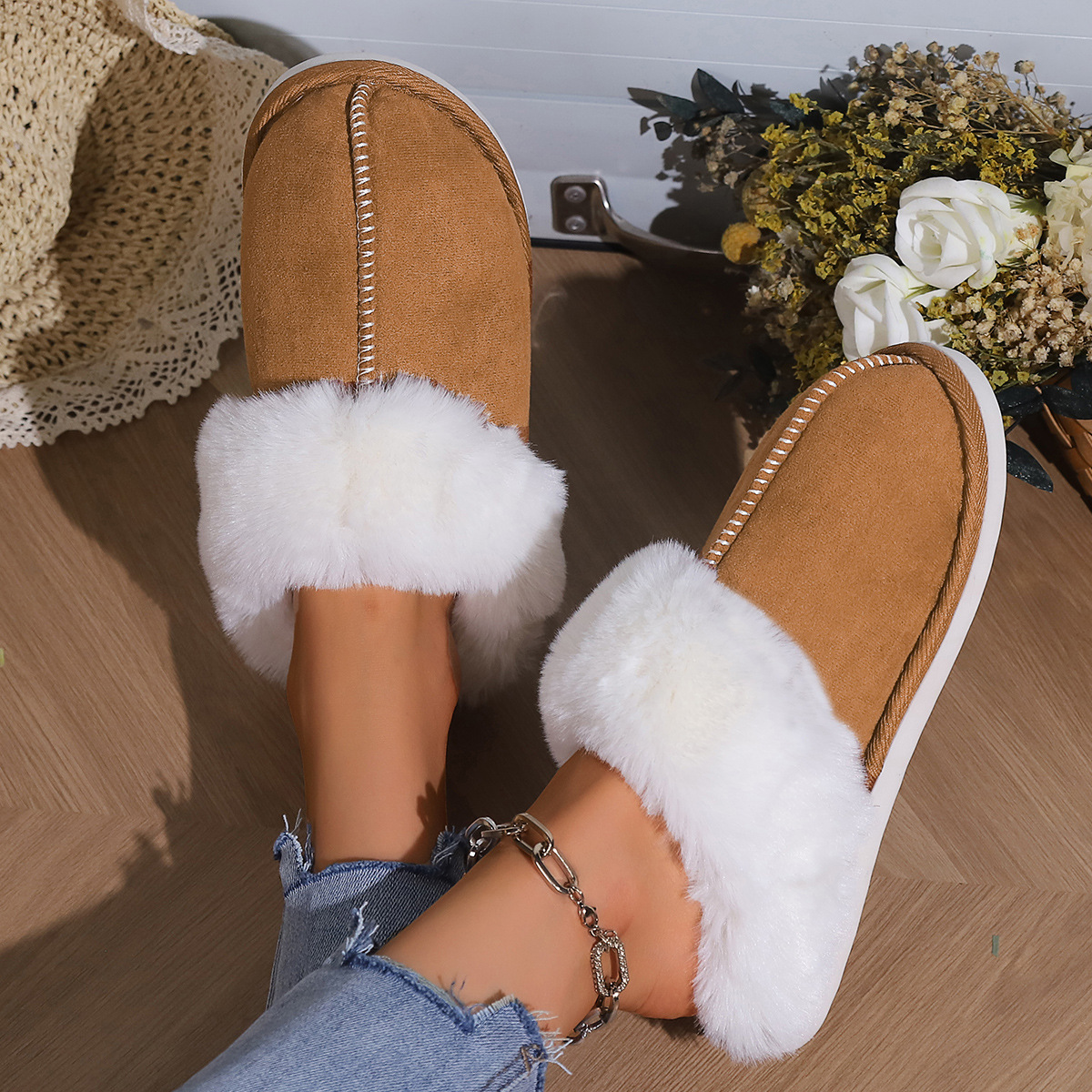Cotton Slippers Autumn And Winter Fleece-lined Home Fur Toe Cap foto 3