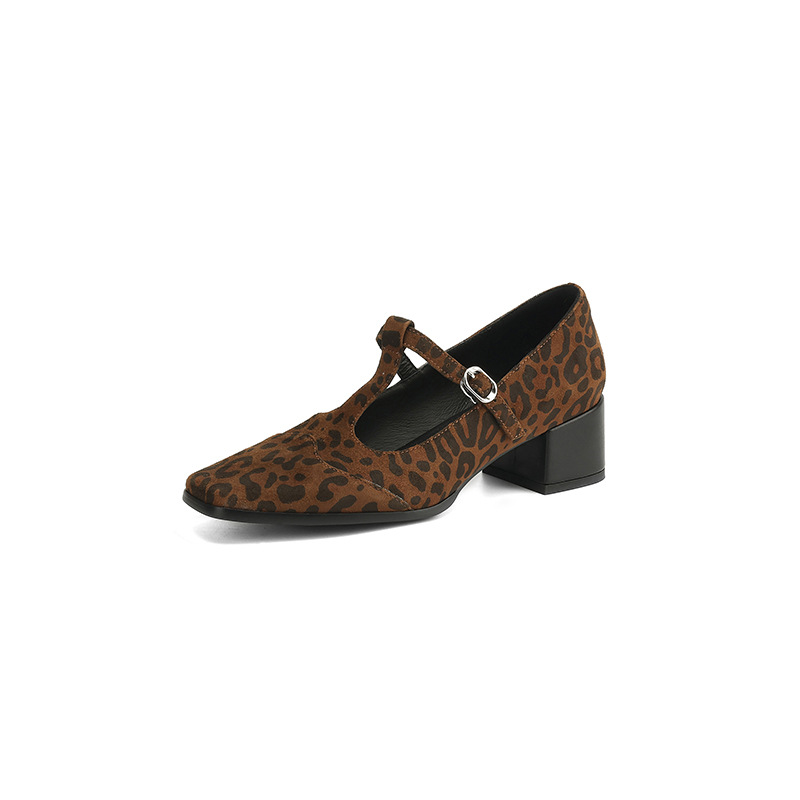 High Heel Vintage Leopard Print Square Toe Sheepskin Chunky Heel Pumps foto 5
