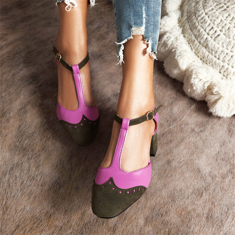 Leather Women's T-strap Two-tone High-heel Sandals foto 4