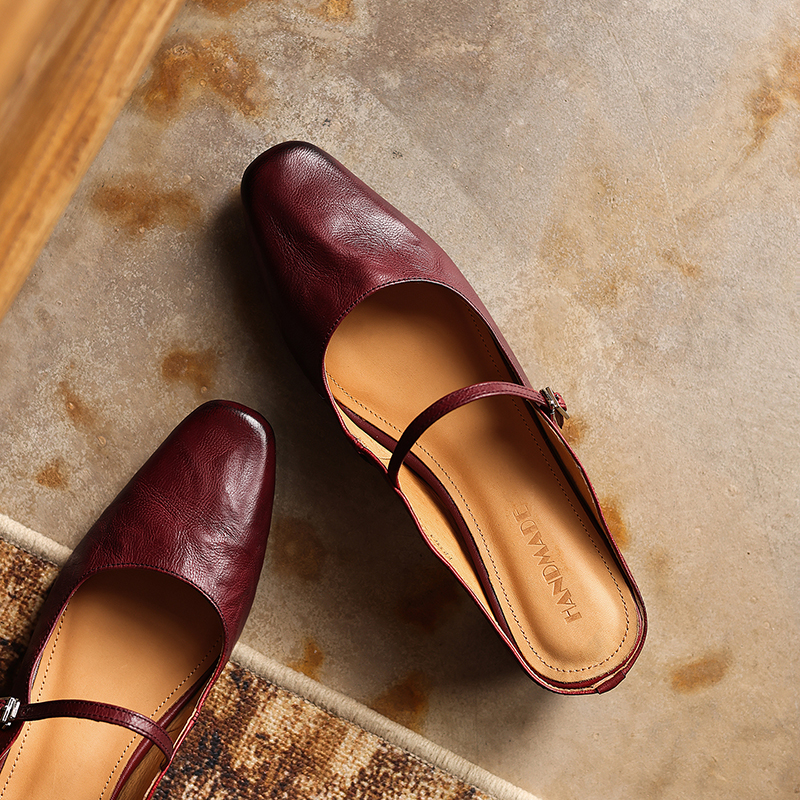 Women's Handmade Genuine Sheepskin Mary Jane Mules, Square-Toe Low Block Heel Slides foto 5