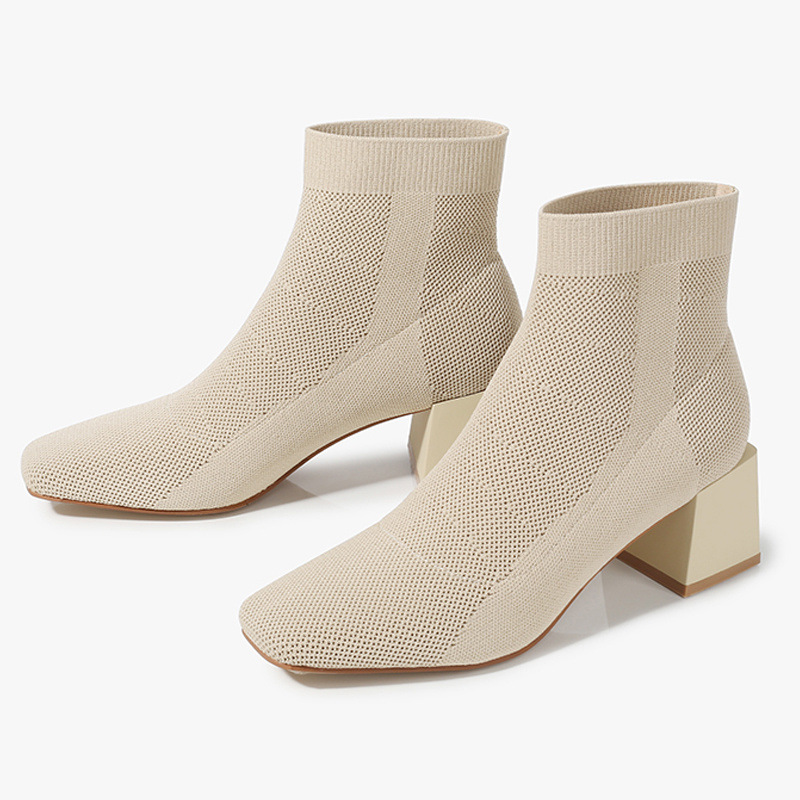 All-match Stretch Knitted High Heel Solid Color Chunky Heel Square Toe Booties Women foto 4