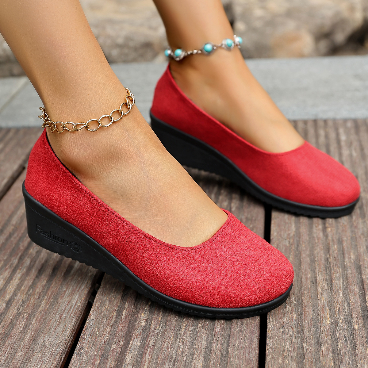Shallow-toe Round-toe Slip-on Suede Wedge Shoes foto 4