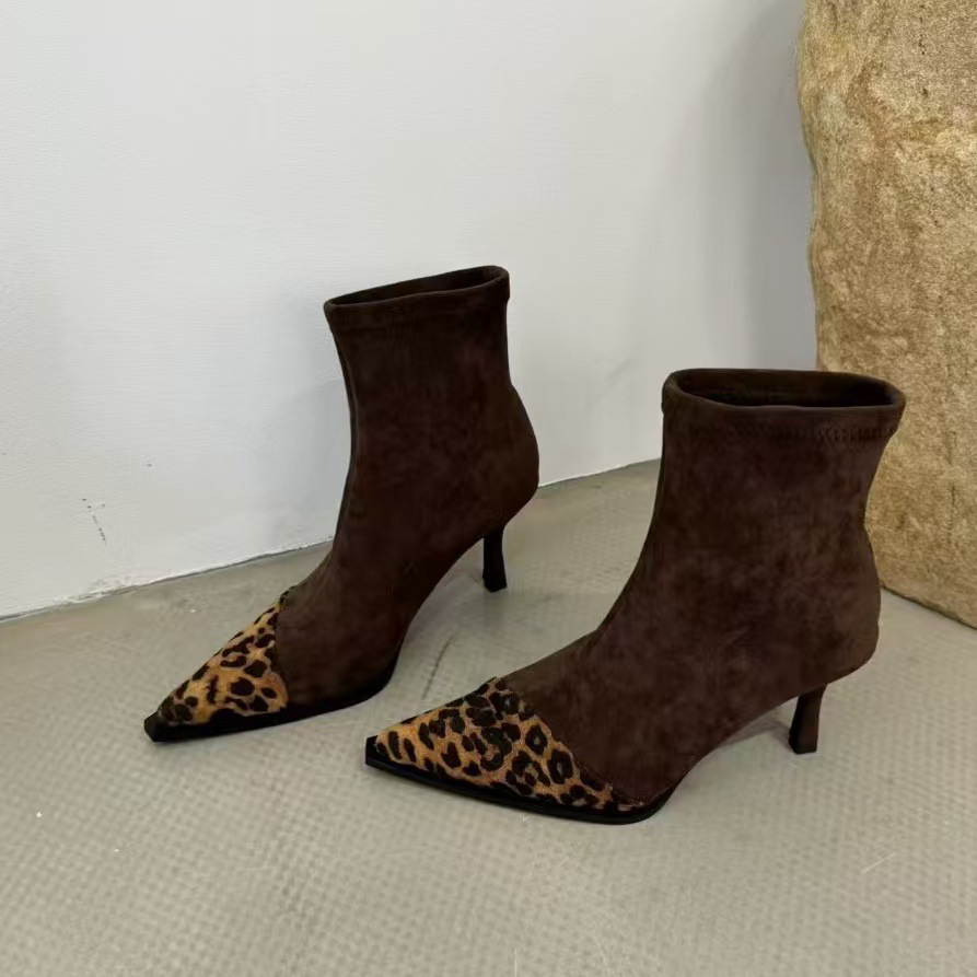Suede Leopard-print Patchwork Stretch Slim Boots European And American-style Stiletto Short Boots foto 5