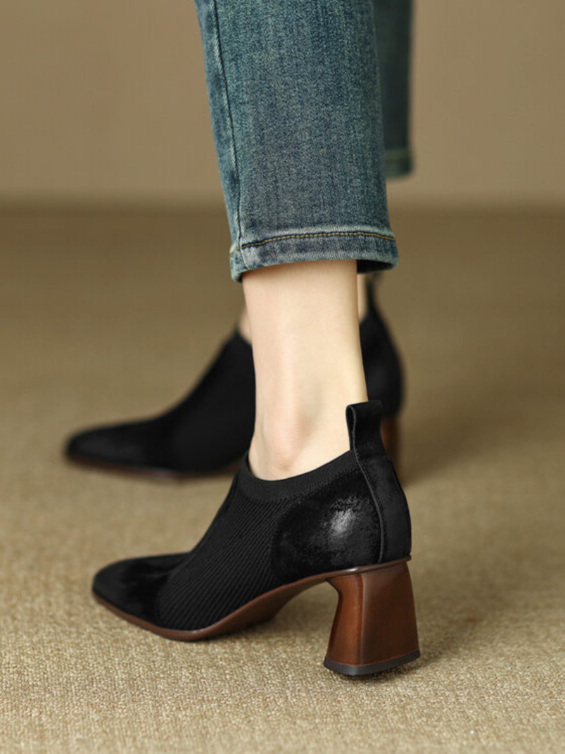 Black Square-toe High Heels Knitted Patchwork Design Deep V-shaped Vamp Chunky Heel Leather Slip-on foto 2